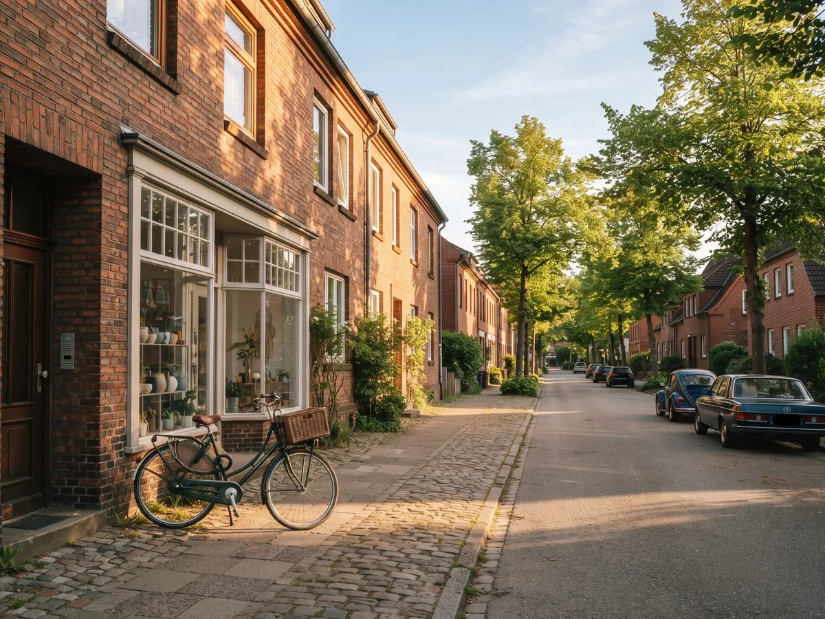 Ruhige Wohnstraße mit Backsteinhäusern und einem Ladenlokal im Erdgeschoss.