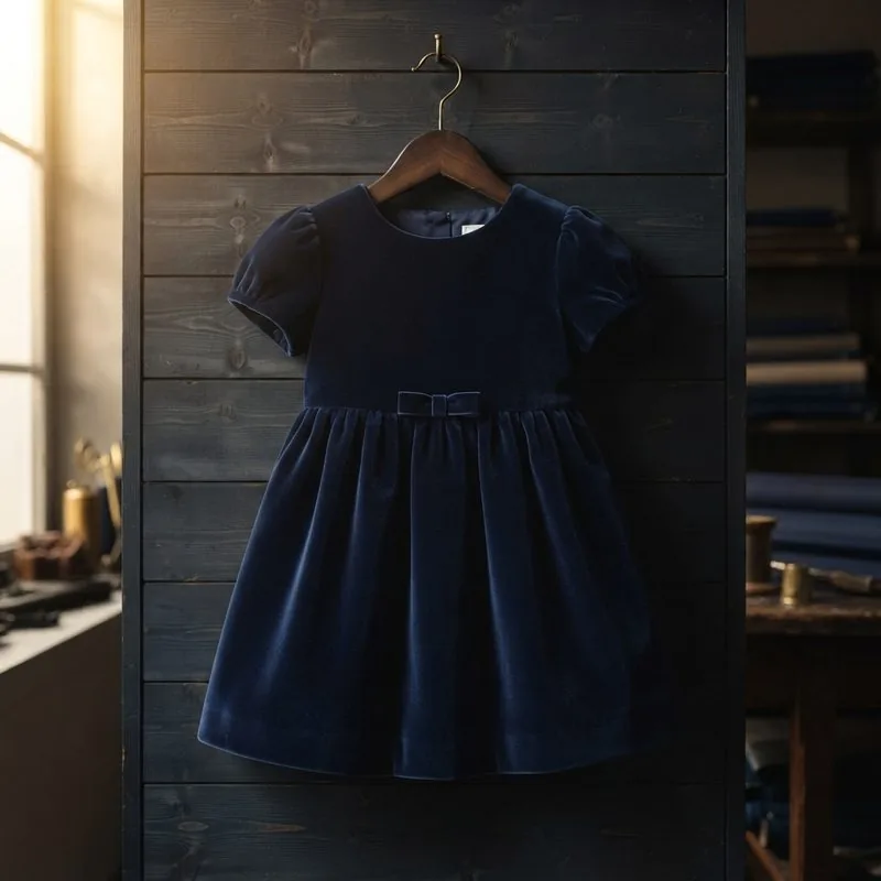 Dunkelblaues Kinderkleid aus Samt auf einem kleinen Bügel.