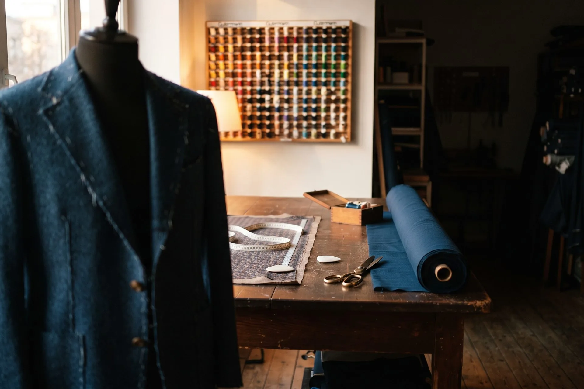 Blick in das Atelier: eine Schneiderbüste mit halbfertigem marineblauem Sakko vor einem langen Zuschneidetisch.