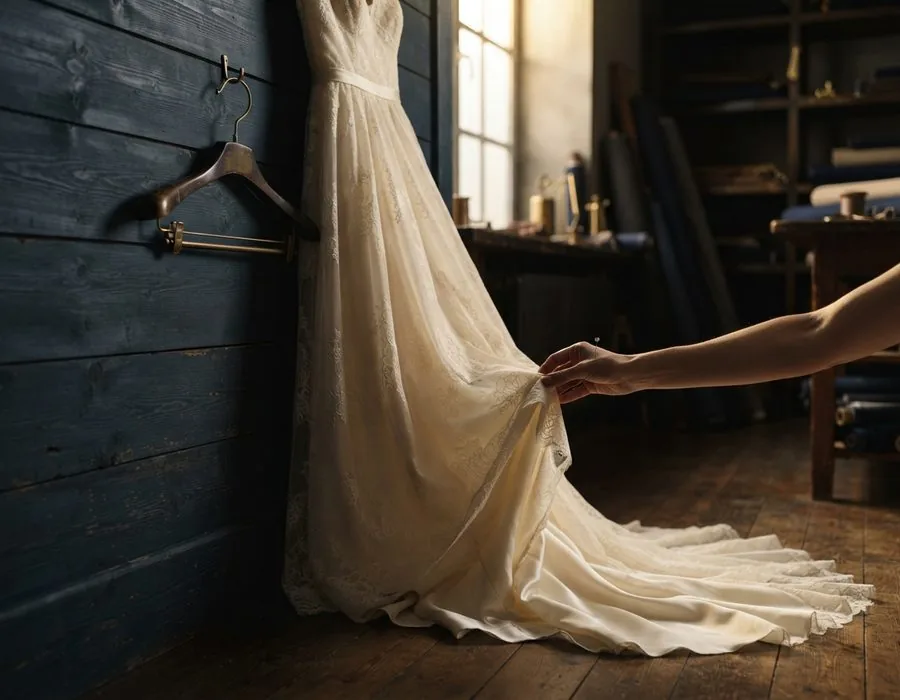 Cremefarbenes Brautkleid an einem Bügel, die Schleppe liegt in weichen Falten.