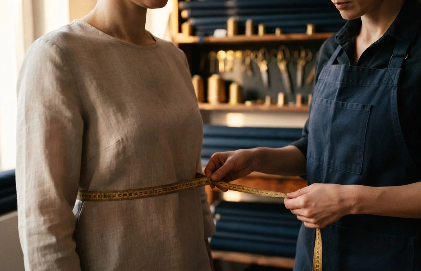 Eine Schneiderin nimmt bei einer Kundin mit dem Maßband die Taille ab.