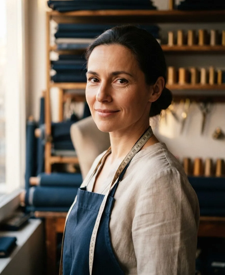 Shirin in ihrem Atelier, mit dunkelblauer Arbeitsschürze und Maßband um den Hals.